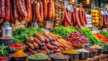 Obraz premium Freshly Smoked Sausages on Market Stall with Spices – A Colorful Display of Gourmet Delights for Culinary Enthusiasts and Food Lovers