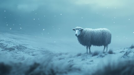 A single sheep standing alone on a snowy hillside, its wool