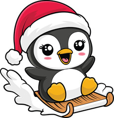 Christmas Penguin on Sled with Santa Hat Vector Illustration