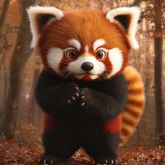 A cute red panda in a standing position, with its paws held close to its chest. The red panda’s large, round eyes are full of curiosity, and its bushy tail is curled at its feet