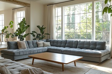 A mid century modern interior in the living room of a house with a gray sofa and table. Generative AI
