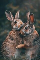 Fototapeta premium Two rabbits standing side by side, possibly mates or siblings