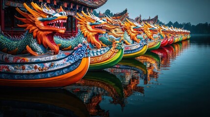 Fototapeta premium Row of traditional Chinese dragon boats with ornate colorful designs reflecting in calm water, featuring detailed dragon head sculptures and elaborate decorative patterns