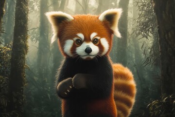 Fototapeta premium A cute red panda in a standing position, with its paws held close to its chest. The red panda’s large, round eyes are full of curiosity, and its bushy tail is curled at its feet