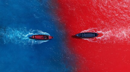 Fototapeta premium Divided River: Dynamic Conflict Between Opinions with Boats Navigating Blue and Red Waters, Ultra-Detailed Conceptual Image