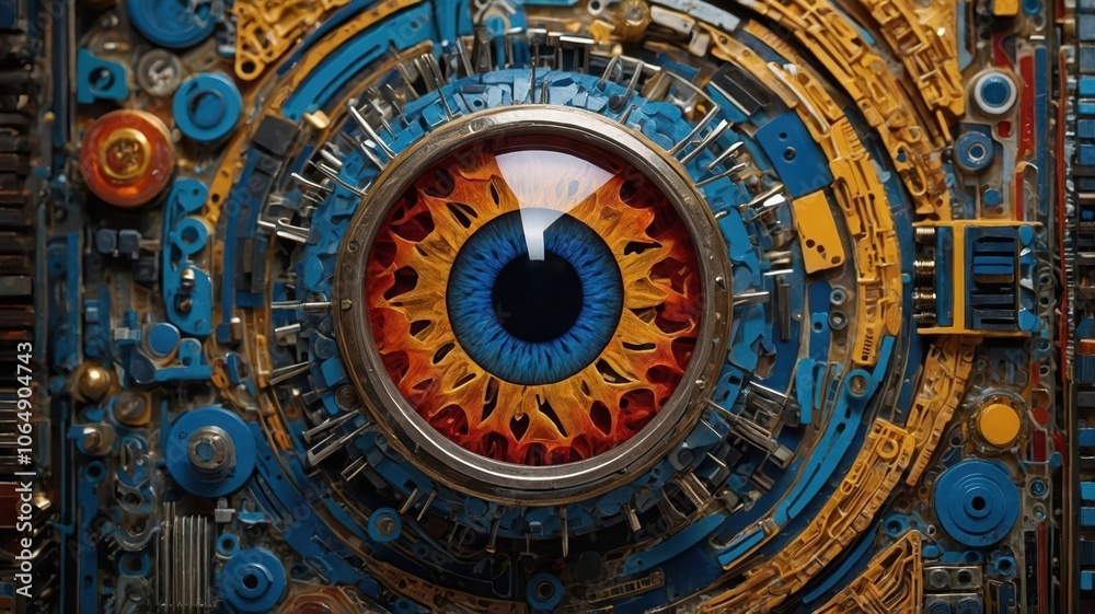 Wall mural A vibrant, intricate mechanical eye surrounded by a colorful array of gears and circuits, capturing the essence of technology and art. Generative AI