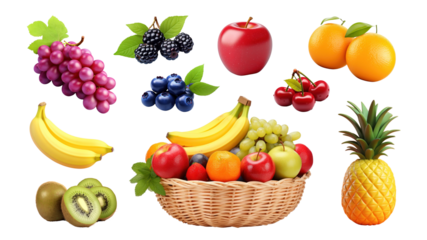 3d fruits png food element set, transparent background