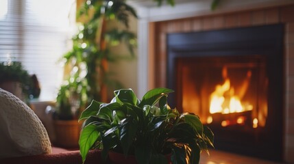 A warm and inviting living room scene with a fireplace as the focal point