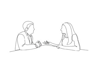 Single one line drawing working together, discussing business. Meeting of colleagues. Cowering, teamwork concept. Continuous line draw design graphic vector illustration.
