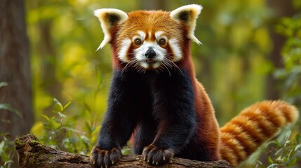 A cute red panda in a standing position, with its paws held close to its chest. The red panda’s large, round eyes are full of curiosity, and its bushy tail is curled at its feet