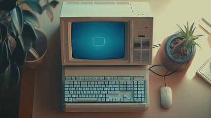A nostalgic retro computer desktop setup featuring an old monitor, keyboard, and mouse with greenery in a cozy workspace