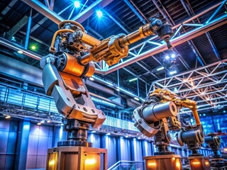 Fototapeta premium Innovative Robot with Manipulator Arms Showcased at Technology Exhibition, Demonstrating Advanced Automation and Precision Engineering in a Dynamic Display Environment
