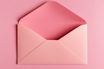 Top view of blank paper card in an open pink envelope. 3d love letter isolated on pink background, with generative ai