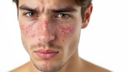 Obraz premium Young Man with Acne on Face Isolated on White Background