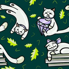 white cat in green pattern