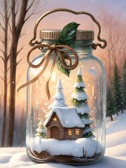 Naklejka premium a watercolor painting of a glass jar filled with a miniature winter scene 