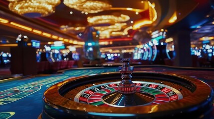 A deserted roulette table in an empty casino, the vibrant colors of the wheel contrasting sharply with the stillness of the surrounding space.
