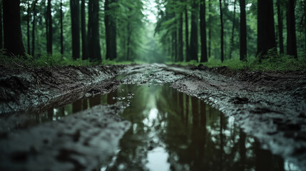 Obraz premium Muddy forest path with large puddles of water surrounded by tall green trees, creating a serene and natural woodland atmosphere.