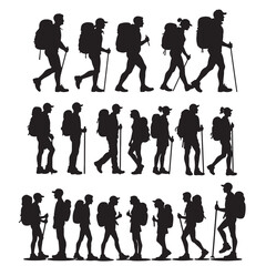 Dynamic Hiker Silhouettes Collection: Male & Female Figures with Backpacks in Various Poses – Minimalist Black Silhouettes on White Background