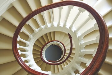 Fototapeta premium A spiral staircase with a wooden handrail, showcasing architectural design and elegance.