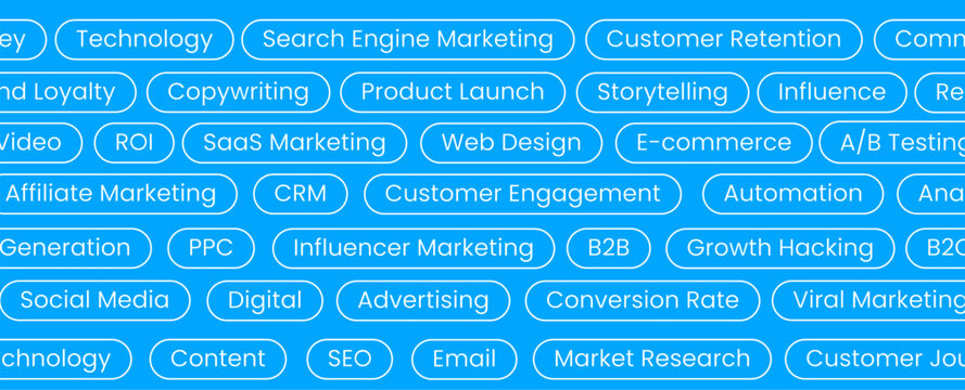 Business conference banner layout featuring technology and marketing themes. Highlights search engine marketing, customer retention, and product launch strategies.