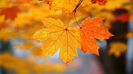 Fototapeta premium Autumn background with maple leaves and bokeh,Fall blurred background, Yellow and red maple leaves are flying and falling down. Autumnal landscape.water drop on leaf,space for text.