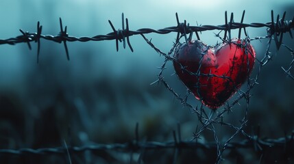 Heart caught in barb wire, concept of heartache after breakup