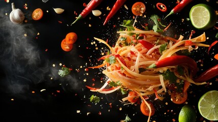 A vibrant papaya salad with colorful ingredients