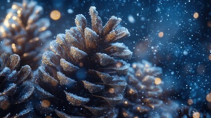 Close-up view of pinecones covered in artificial snow and glitter during a winter scene