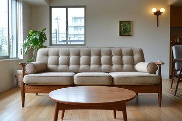 Fototapeta premium A mid century modern interior in a well-lit living room with sofa and table views. Generative AI 