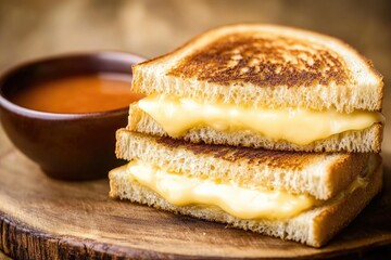A close-up shot of a grilled cheese sandwich served with a bowl of warm soup