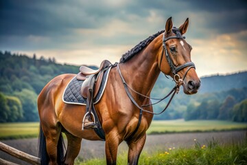 Obraz premium Minimalist Hunter Jumper Horse with English Saddle in Serene Landscape, Capturing Equine Elegance and Performance in a Tranquil Setting for Stunning Visual Impact