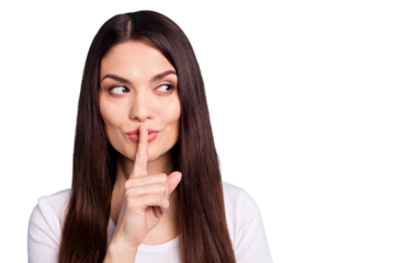 Close up copyspace photo of cunning nice cute girl pondering over some joke while isolated with blue background