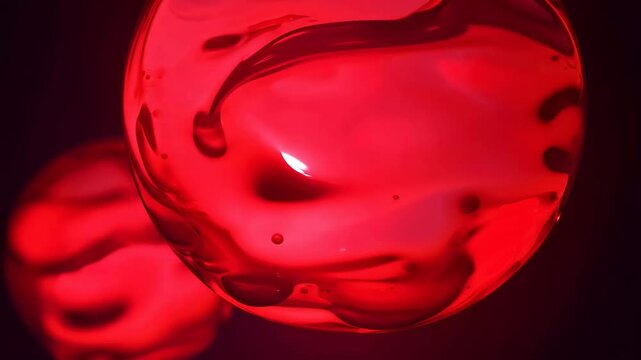 Glowing red liquid spheres in dark space. Bright red liquid orbs with iridescent interiors float and merge in a weightless environment. Abstract pattern, texture.
