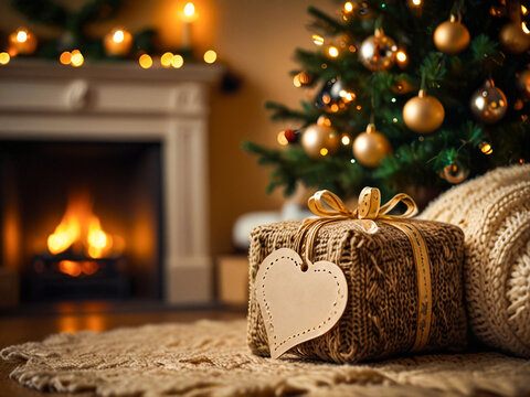 Fireplace and Festive Cheer. Christmas presents with card tied with red ribbons, burning fireplace and christmas tree in background