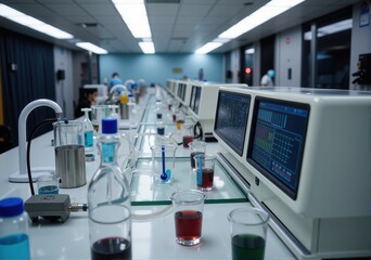 Naklejka premium Pristine, high-tech laboratory with rows of equipment and instruments. Glass containers with chemicals, Digital displays real-time data analysis. Precision and innovation in scientific research.