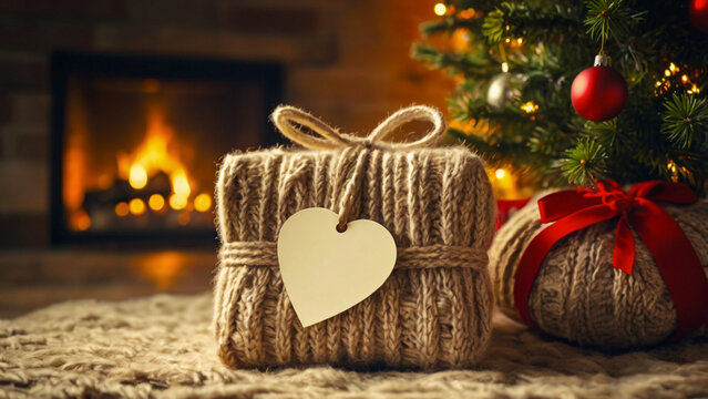 Warm Wishes by the Fireplace. Christmas presents with card tied with red ribbons, burning fireplace and christmas tree in background