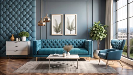 Modern Interior Design Featuring a Blue Tufted Mock-up Poster in a Stylish Living Room with Horizontal Space, Ideal for Contemporary Aesthetic Inspiration and Decoration Ideas