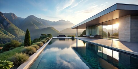 Fototapeta premium Modern Minimalist Home with Infinity Pool Overlooking Scenic Mountain Landscape, Perfect for Relaxation and Contemporary Living in a Serene Natural Setting