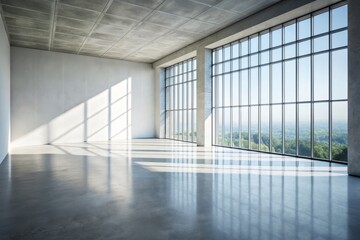Modern Minimalist Mockup of a Blank White Wall with Window and Concrete Floor for Interior Design Projects, Showcasing Versatile Space for Creative Ideas and Presentations