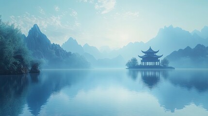 Fototapeta premium Traditional Chinese Architecture, Zen , a blue abstractmountainandscape with mountain views in water, in thestyle of traditionachinese landscape, with generative ai