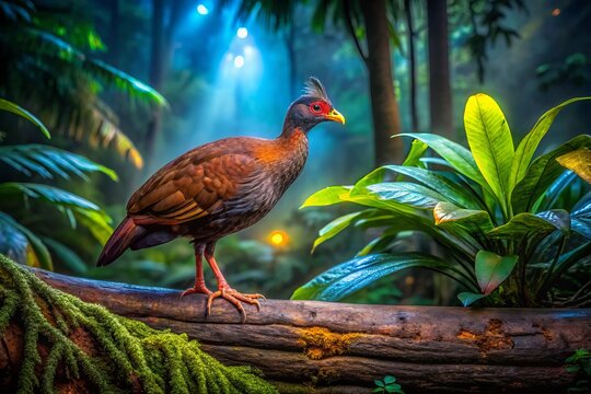 Night Photography of an Orangefooted Scrubfowl Megapodius reinwardt Reinwardt Adult foraging on a dead log in a lush tropical environment under the moonlight.