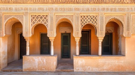 Obraz premium Intricate architectural details with arches and decorative patterns on a historic building.