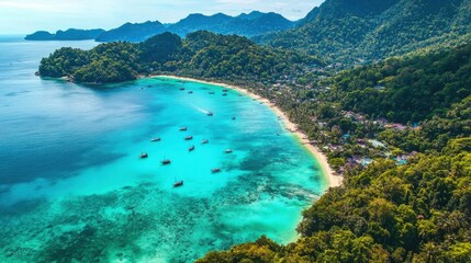 Fototapeta premium with small boats floating near the shore, creating a tropical paradise.