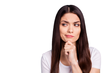 Close up photo of suspicious attractive woman looking for answers on her questions while isolated with blue background