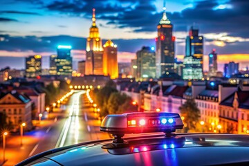 Fototapeta premium Police Car with Sirens in Warsaw, Poland on October 26, 2024, Showcasing the Cityscape with Bokeh Effect, Highlighting Emergency Response in Urban Environment