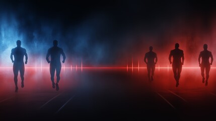 Fototapeta premium Dynamic silhouettes, runners in motion through the darkness, embracing the power of movement and determination