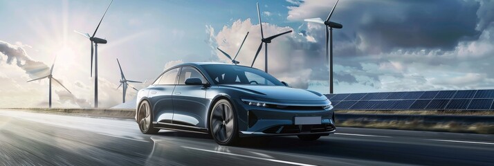Picture a highend electric car smoothly passing wind turbines and solar panels, supporting sustainable driving with ecofriendly renewable energy sources, embodying luxury and modernity