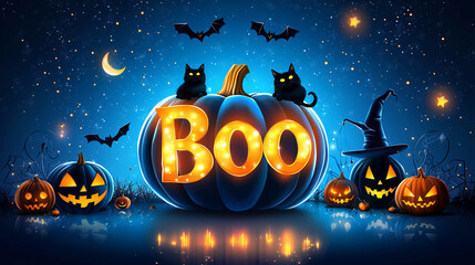 Fototapeta premium Boo! Lit pumpkins and black cats against a starry night.