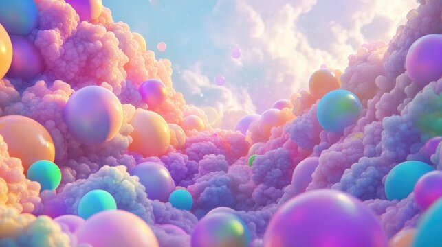 Colorful soft clouds and orbs fill the sky in a dreamy landscape during golden hour near sunset